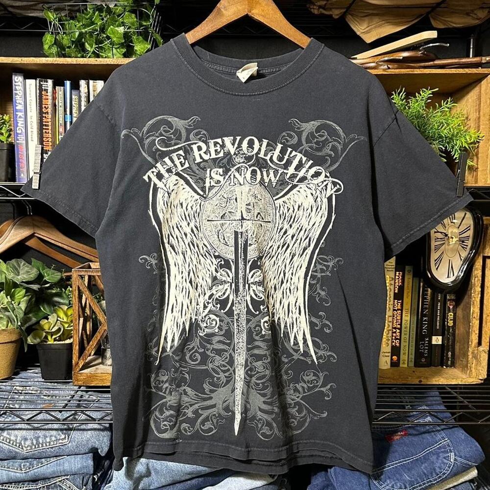 Vintage Y2K Grunge Wings Tee Shirt Mens Large Black Tribal Affliction Style